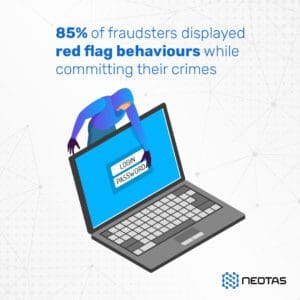 Fraud Awareness Infographic that shows thief stealing a password from a laptop with statistic "85% of fraudsters displayed red flag behaviours while committing their crimes"