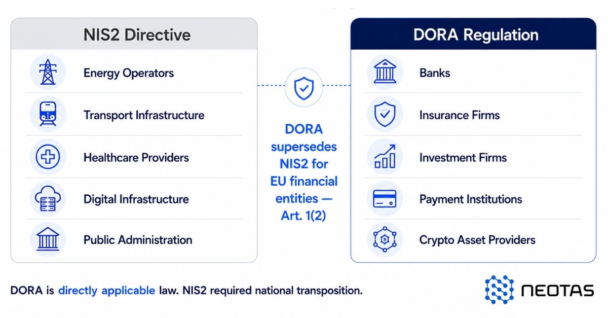 DORA vs NIS2 - DORA supersedes NIS2 for EU financial entities under Article 1(2), applying as directly applicable EU law from January 2025